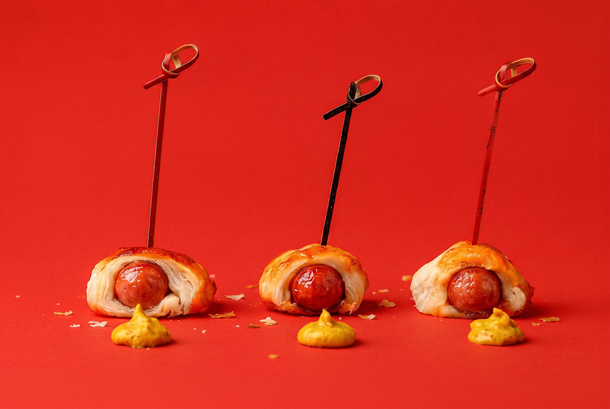 Franks in blankets with mustard on a deep red backdrop
